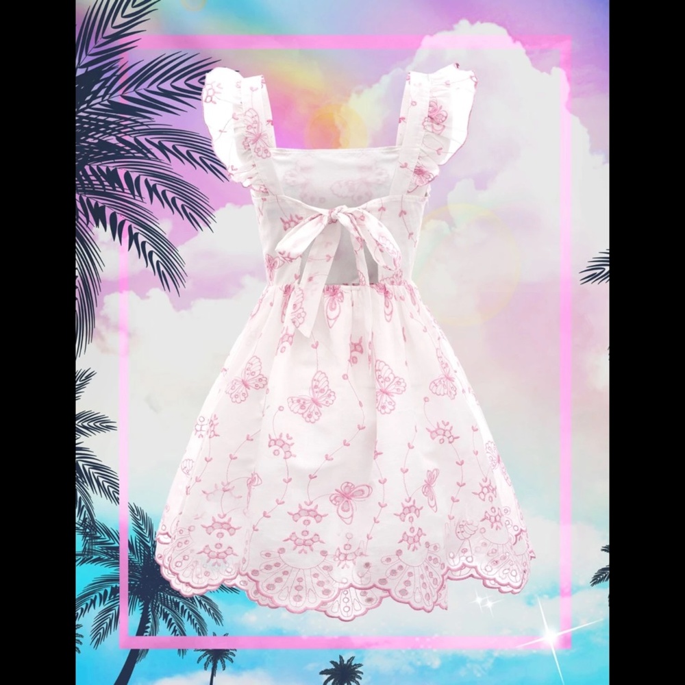 Butterfly Embroidered Dress NEW Scalloped Eyelet Lace Flutter Sleeve Tie Back - Picture 2 of 7